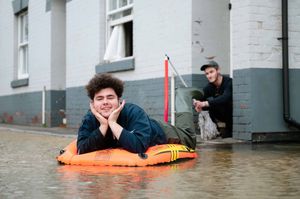 Harri Herniman, in the dinghy, and Jay Manuel at Coleham Head, Shrewsbury