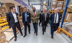 Foreign Secretary James Cleverly MP (centre), with Adrian Ellam (left), Finance and Operations Director AT Invertek Drives Ltd; Glyn Jones, Technical Director; Japanese Ambassador to the UK, Mr Hajime Hayashi (second right), and Shaun Dean, CEO of Invertek Drives Ltd and Senior Vice President of Sumitomo Heavy Industries