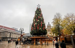 A Christmas tree is already in place in Birmingham city centre, October 2025.