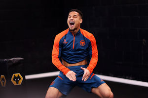 Joao Gomes of Wolverhampton Wanderers plays head tennis in the gym (Photo by Jack Thomas - WWFC/Wolves via Getty Images)