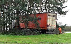 A crashed lorry sits amongst the trees at Forton Island, near Newport