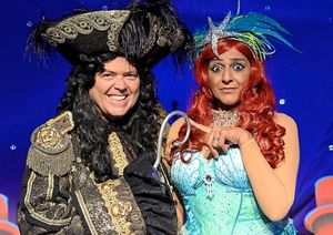 Jimmy Osmond and Meera Syal in panto costume at the Birmingham Hippodrome in 2024