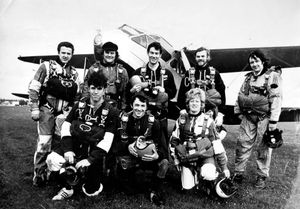 Some of the Endrust Skydivers, in April 1972: Back row, from left: Dick Reiter, Jim Crocker, Steve Talbot, Clive Rumney, John Shankland. Front: Fred Bremner, Mike Bolton, Sally Cain.