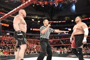 Samoa Joe, right, faces up to top star Brock Lesnar in the main event of the Great Balls of Fire pay-per-view. Picture: WWE