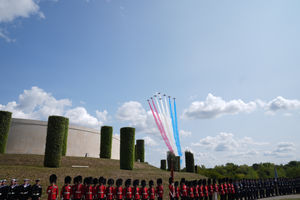 The Red Arrows flypast the national Service of Remembrance, hosted by the Royal British Legion in partnership with the Government, to mark the 80th Anniversary of VJ Day at the National Memorial Arboretum in Alrewas, Staffordshire. Picture date: Friday August 15, 2025. PA Photo. Photo credit should read: Joe Giddens/PA Wire 