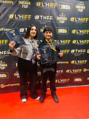Mother and Son Rita and Reece Jagpal-Mohan from Dudley celebrate their film award wins on the red carpet in Barcelona.