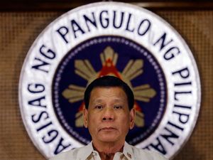 Philippines President Rodrigo Duterte in front of the presidential seal in July 2017