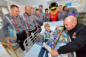  Aiden Willetts, 10, from Leamore with Jon Whitney, and L-R: Kieron Morris, Adam Chambers, Cameron Peters, Dan Vann, Mark Gillespie, Jordon Sangha. Swifty, Liam Kinsella and Maz Kouhyar