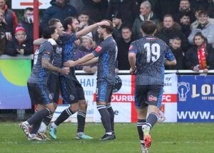 Celebration time for Halesowen in their 3-1 victory over rivals Stourbridge. Jim Kellermann's toasts his second and the Yeltz's third. Pic: Steve Evans