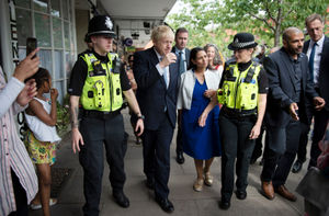 Boris Johnson and Priti Patel on a walkabout with local police officers in Harborne