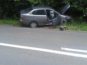 Wreckage – the smashed up Cordoba ended up in a hedge
