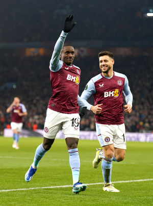 Aston Villa's Moussa Diaby (left) celebrates scoring their side's first goal of the game with team-mate during the UEFA Europa Conference League