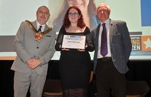 Mayor Craig Collingswood and Awards Chairman Mel Eves with Sarah Featherstone