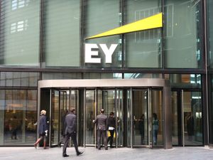 People enter the EY offices in London