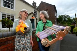 Lynda Hudson outside her home Bank Cottage with weaver Josephine Baker of Niddy Noddy Knits