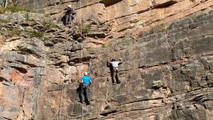 Sean rock climbing at Llanymynech