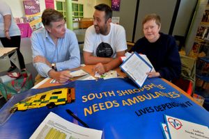 Ludlow MP Philip Dunne chats to Cllr Darren Childs and Gill George from Shropshire Defend our NHS at Highley Community Day