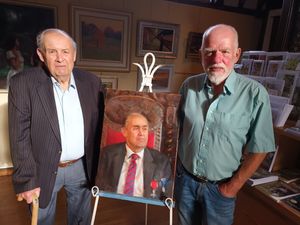 Milner Whiteman OBE with his portrait and Mike Rust Festival Director for the Get a Word in Edgeways Festival that commissioned the painting.