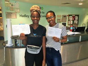 Happy with their GCSE results, Aprille Rose and Yolanda Young 