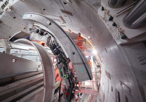 An engineer working on the ring build area - where segments are assembled to build a full tunnelling ring - of the HS2 Tunnelling machine, named Madeleine, to dig the tunnel from Old Oak Common to Euston. Photo: Yui Mok/PA Wire