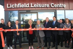 Rebecca Adlington cuts the ribbon to officially open Lichfield Leisure Centre assisted by Chair of Lichfield District Council Councillor Keith Vernon. Deputy Leader and Cabinet Member for Leisure and Major Projects Councillor Andy Smith (left) and Leader Cllr Doug Pullen look on. 