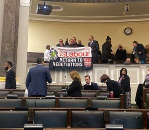 Birmingham bins strike protesters bring a full council meeting to a halt on Tuesday, November 4. Credit: Alexander Brock. Permission for use for all LDRS partners.
