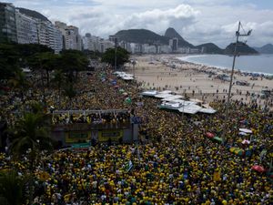 Crowds of supporters of Brazil’s former president Jair Bolsonaro at a rally on Copacabana Beach