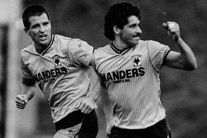Thompson celebrates scoring another penalty, this time against Port Vale in a 3-3 draw in 1988