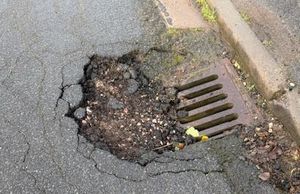 A pothole in Dudley where councillors say it can take up to two months for repairs. Picture Cllr Shaukat Ali free for LDR use