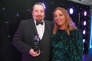 BUSINESS COPYRIGHT NATIONAL WORLD TIM STURGESS 13/11/24.  Ladder for the Black Country  Apprentice Awards 2024 .The Richardson Suite at West Bromwich Football Club. Pictured, Nakita Sheldon presents the hospitality award to Matthew Randle.