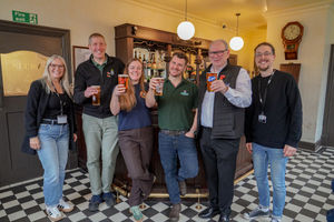 Kate Kirkpatrick (Head of Cultural Enterprises, BCLM); Ian Hughes (Green Duck Brewery); Claire Batham (Batham’s Brewery); Bradley Freshwater (Holden’s Brewery); Graham Manwaring (Black Country Ales) and Rob Perrins (Enterprise Team Manager (Resources) BCLM) toast the new partnership