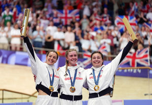 Great Britain's Katy Marchant, Emma Finucane and Sophie Capewell celebrate with their gold medals won in the Women's Team Sprint finals at the National Velodrome, Saint-Quentin-en-Yvelines, on the tenth day of the 2024 Paris Olympic Games in France. Photo: David Davies/PA Wire