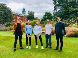 Shrewsbury School students Oscar Mattinson, Maddy Baly, Sophia Dixon, Ali Davies, and Adam Pattenden