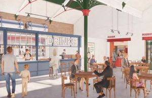 View of bar, kiosk and new glazed doors looking towards outbuilding
