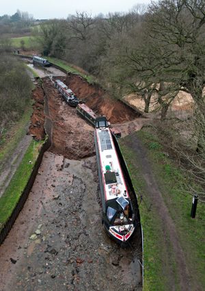 The scene in Whitchurch after a huge sinkhole swallows two narrowboats.