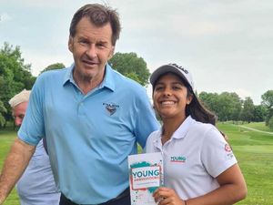 Supporting image for story: Young golfer aims for a hole-in-one after meet-and-greet with pro Nick Faldo