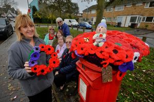 Albrighton Craft Group have been busy decorating, pictured here with a knitter bombed post box. At the front is: Jan Gold, and standing at the back of the bench is: Judy Green, then sitting L-R: Nicky Huish, Carolyn Roberts, Dorothy Marsh and Irene Taylor