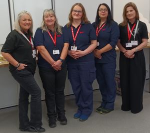 From left to right: Kate Thomas, Wales Air Ambulance’s Regional Fundraising Manager for Powys, PCI staff and Coffee and Cake organisers Becky
Greenow, Ewa Mansfield, Izabela Grzybek, and the Charity’s Public Affairs Lead,
Emma Grant