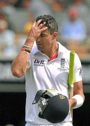 England's Kevin Pietersen reacts as he leaves the field after losing his wicket for 18 runs