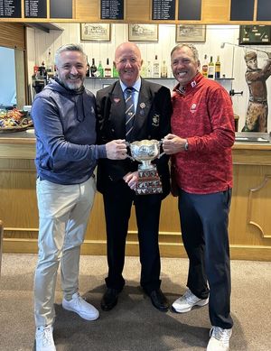 David Richards and Craig Shaw flank S&H president Nigel Chesters after winning the Brian Lewis foursomes pairs at Church Stretton GC