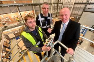 Student Jon Wood and lecturer Karl Bagley with MP Marco Longhi