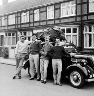nostalgia pic. Madeley. nostalgia pic. Dawley. nostalgia pic. Shifnal. The party of four who in August 1960 drove down to the Rome Olympic Games. From left, Roger Drury and Malcolm Davies, who were both 17 year olds from Cleethorpes and thought to have been school friends at Cleethorpes Grammar School; Len Roberts of Dawley (at that time), and George Bolton, of Shifnal. The photo is taken outside George Bolton's Shifnal home when they picked him up for the trip. Roger was the son of the car owner. This picture is from Mr Len Roberts, of Woodlands, Park Lane, Madeley TF7 5HJ, 580693, DoB February 18, 1935. In August 1960 he and three others, one of them being George Bolton from Shifnal, the other two being 17-year-olds from Cleethorpes, drove the 900 miles to Rome to see the Rome Olympics, and back again. At that time Mr Roberts, who was a PE teacher at Madeley Modern School, was living at 46 Chapel Street, Dawley. Old car. Old cars. The car is a 1938 Ford 8. Library code: Madeley nostalgia 2012. Dawley nostalgia 2012.