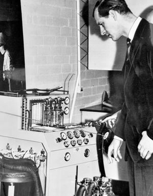 1954: The Duke of Edinburgh was interested in an anaesthetist's trolley, fully equipped, at the Research Association Laboratory of the British Rubber Manufacturers at Shawbury