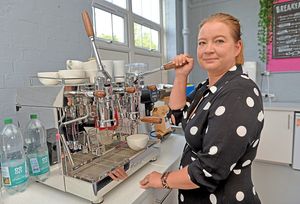 Laura with vintage coffee machine Doris