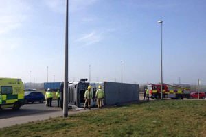 The overturned lorry on the A4601 Wolverhampton Road. Picture by Craig Hughes.
