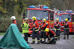 West Midlands Fire Service simulated aircraft crash around the Swan Pool, at Sandwell Valley Country Park