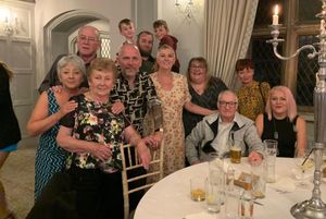 Nicola (peach flowery dress) with family and friends at her living funeral