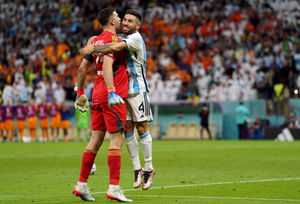 Argentina's Gonzalo Montiel celebrates his sides victory in the penalty shoot out