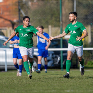 Reg Smith celebrates his goal with Lucas Green-Birch for Brocton.