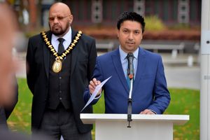 Rajbir Singh, speaking, stood down after six months of leader of Sandwell Council